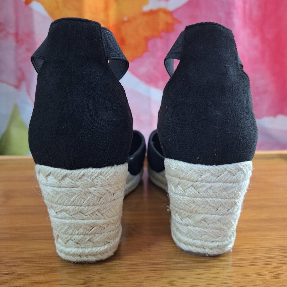 Faux Suede Black Natural Wedge Closed Toe Espadrilles Ankle Straps Size 39 EU - Picture 4 of 15
